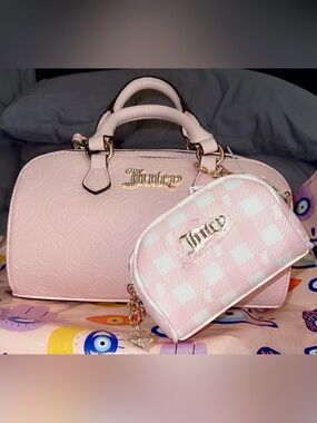 Juicy Couture Pale Pink Embossed Satchel with Matching Pink Checked Pouch